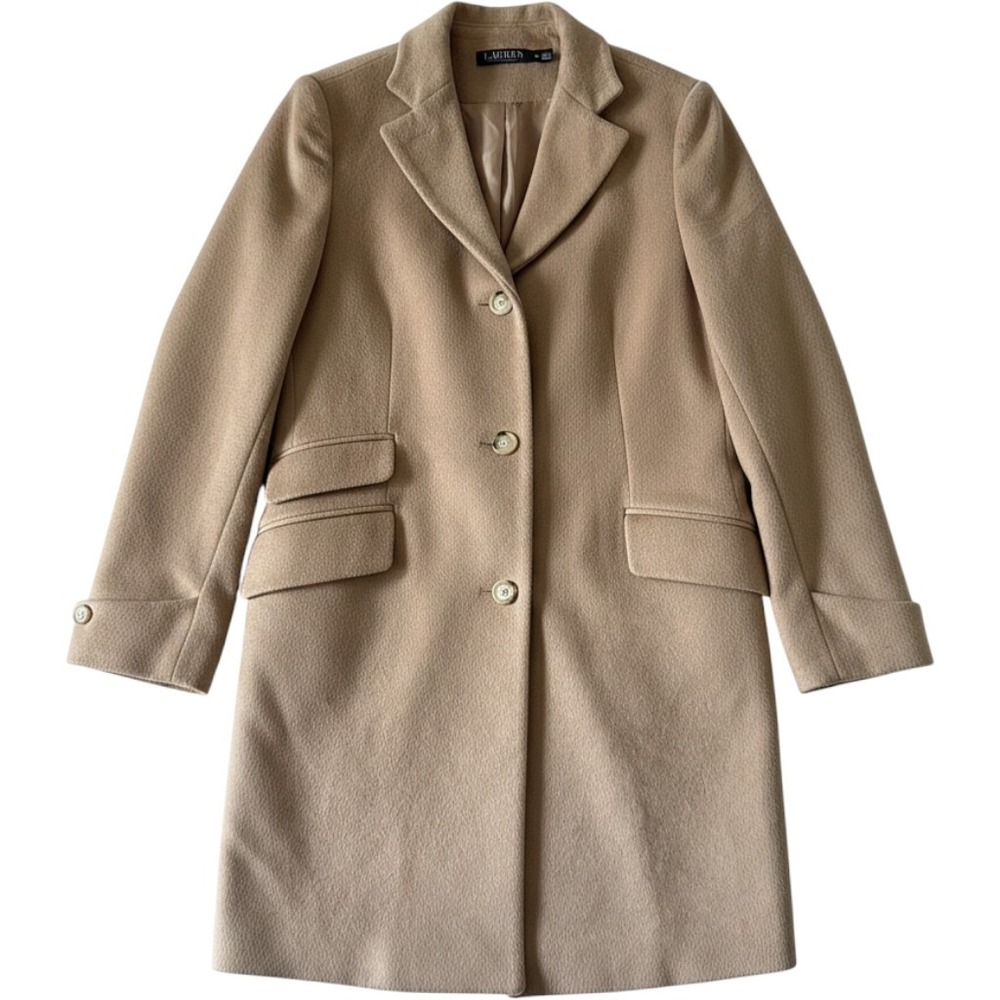 Lauren Ralph Lauren Overcoat 10 Tan Wool Blend Notched Lapel Classic Preppy